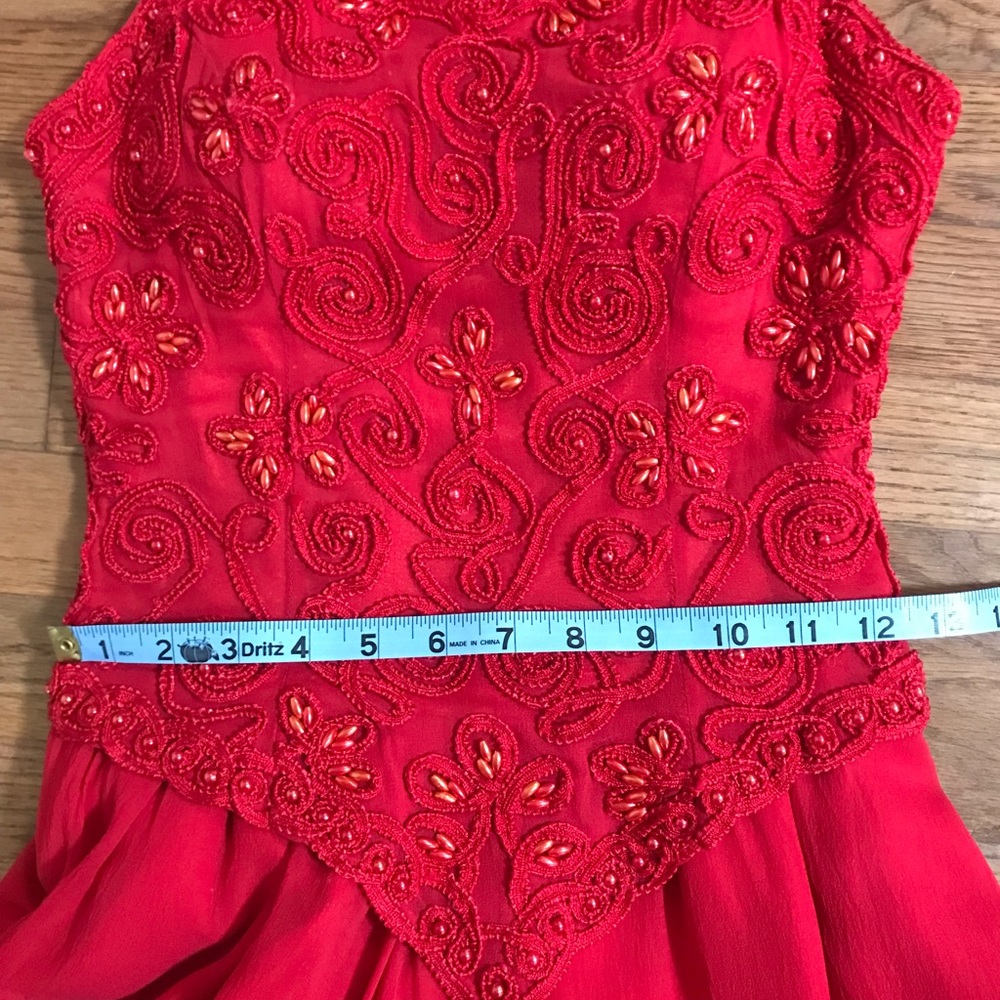 Red 100% silk, hand beaded, long formal modest dress by Baluchi; size 2. - Picture 6 of 15